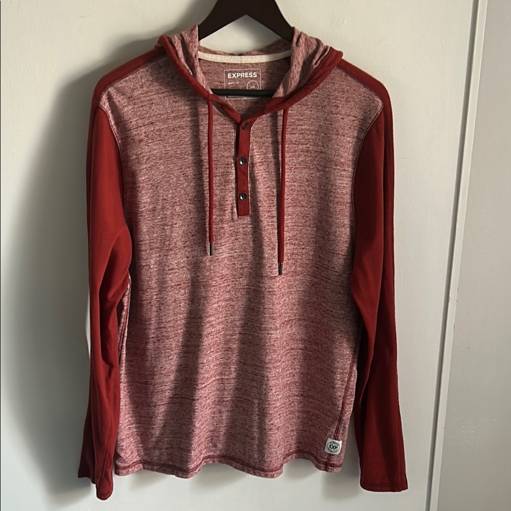 Express Men's Raglan Henley Marled Red Long Sleeve Hoodie Shirt